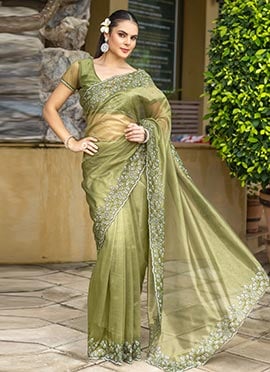 Mehendi Gold Infused Twill Embroidered Sequins Zari Saree