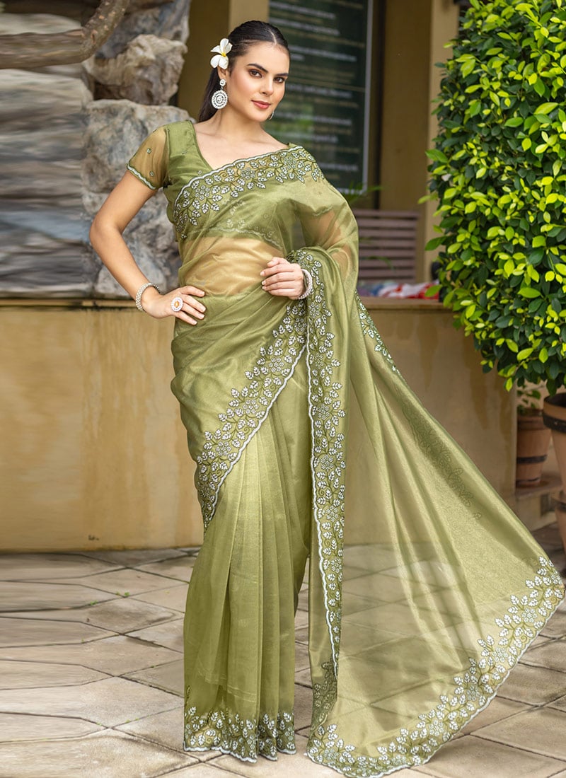 Mehendi Gold Infused Twill Embroidered Sequins Zari Saree Festive Wear
