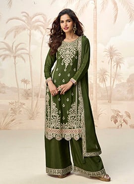 Mehendi Green  Chinon Silk Embroidered Sequins Palazzo Suit