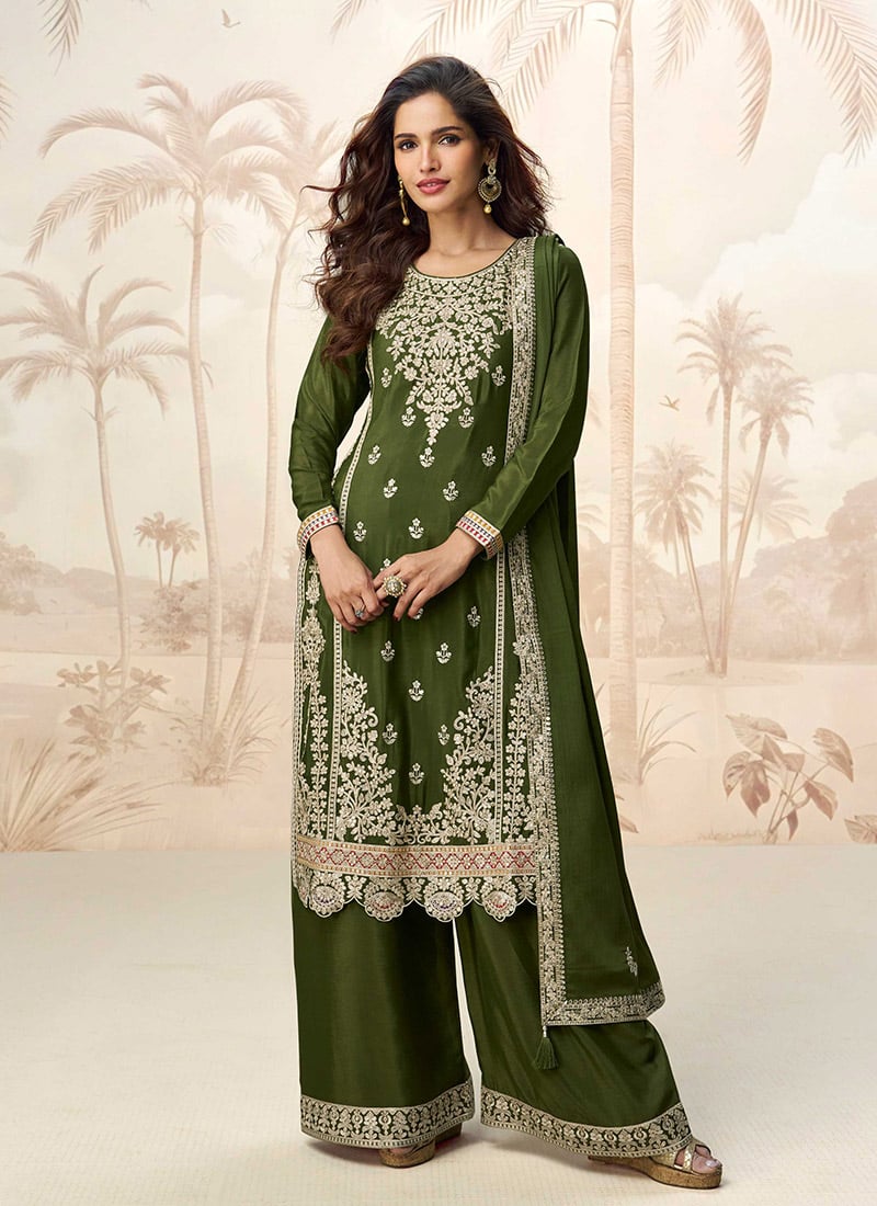 Mehendi Green Chinon Silk Embroidered Sequins Palazzo Suit Festive Wear
