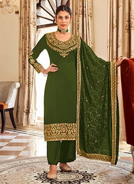 Mehendi Green Art Silk Embroidered Straight Pant Suit