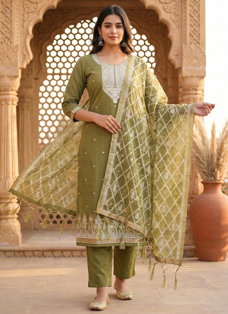Mehendi Green Banarasi Silk Embroidered Straight Pant Suit Leisure Wear