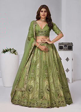 Mehendi Green Banarasi Silk Zari Embroidered Sequins With Stone Work Lehe