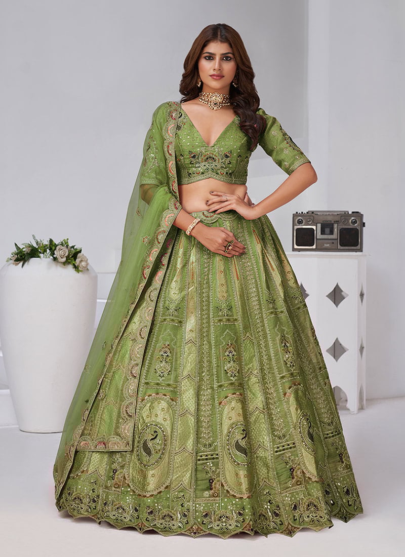 Mehendi Green Banarasi Silk Zari Embroidered Sequins With Stone Work Lehe Wedding Wear