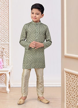 Mehendi Green Banglori Silk Printed And Embroidered Boys Kurta Pyjama