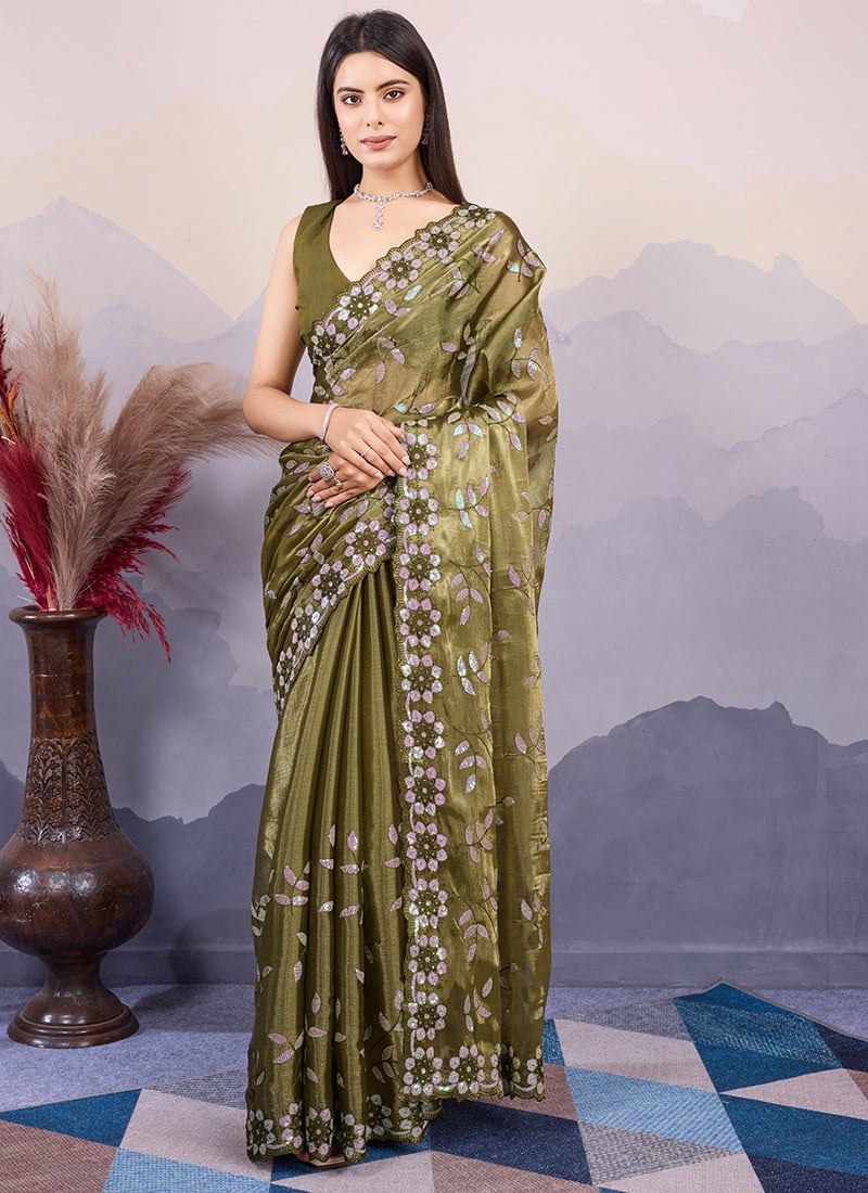 Mehendi Green Burberry Silk Sequins Embroidered Saree Festive Wear