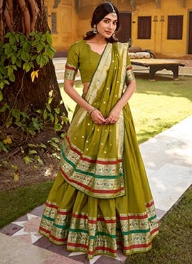 Mehendi Green Chanderi Nylon Zari Gota Lehenga