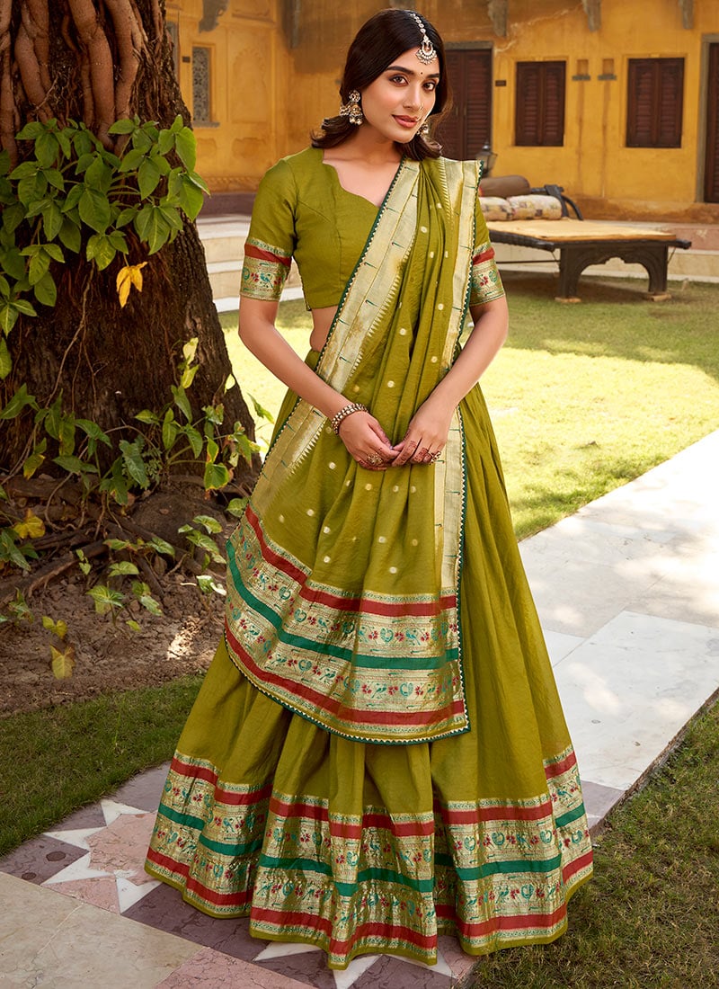 Mehendi Green Chanderi Nylon Zari Gota Lehenga Festive Wear