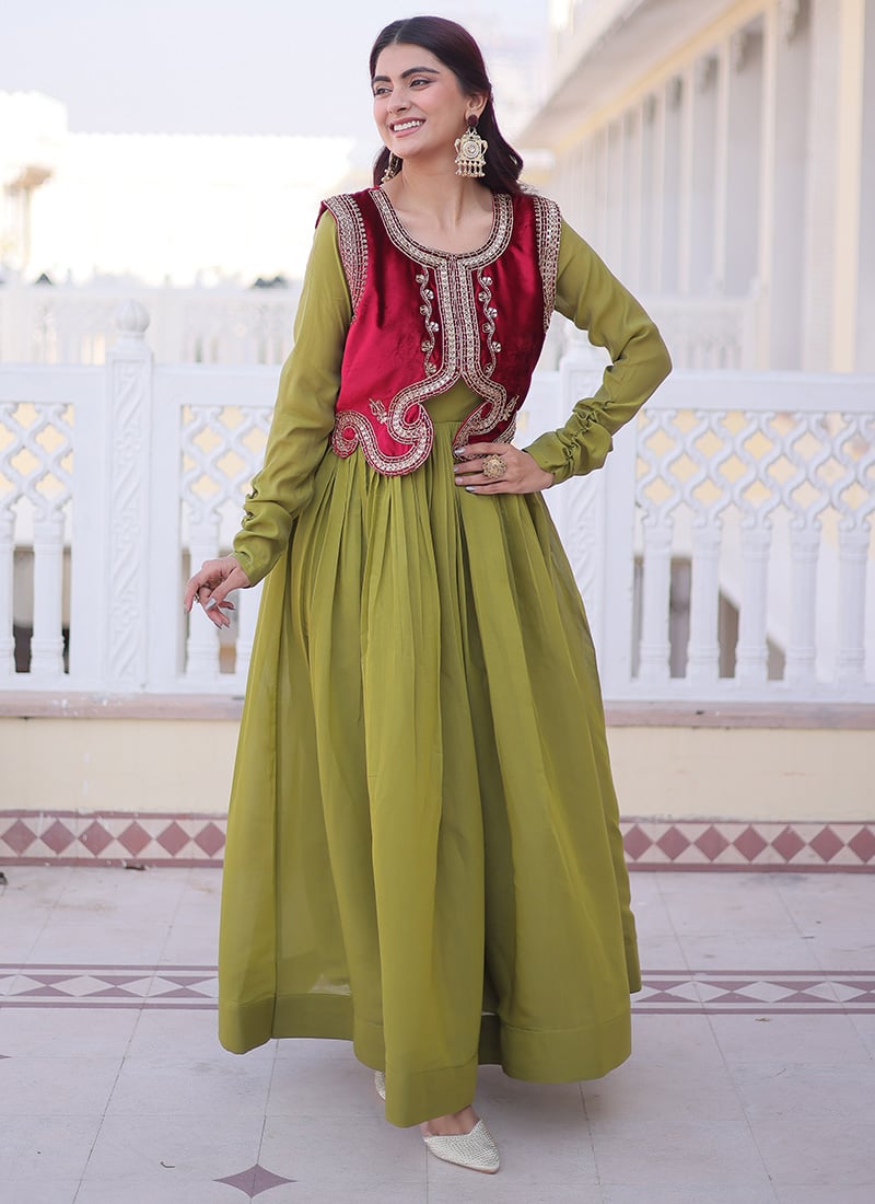 Mehendi Green Chanderi Silk Embroidered Sequins  Anarkali Gown After Six Wear