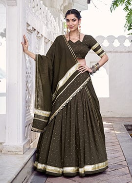 Mehendi Green Chanderi Silk Gota Patti Lace Work Umbrella Lehenga