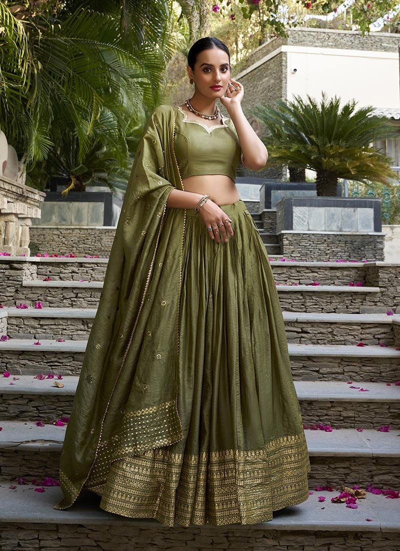 Mehendi Green Chanderi Silk Zari And Gota Work Lehenga Festive Wear