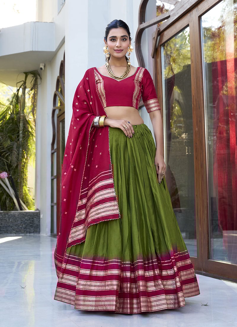 Mehendi Green Chanderi Silk Zari Work Lehenga