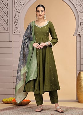 Mehendi Green Chiffon Sequins Beads Straight Pant Suit Festive Wear