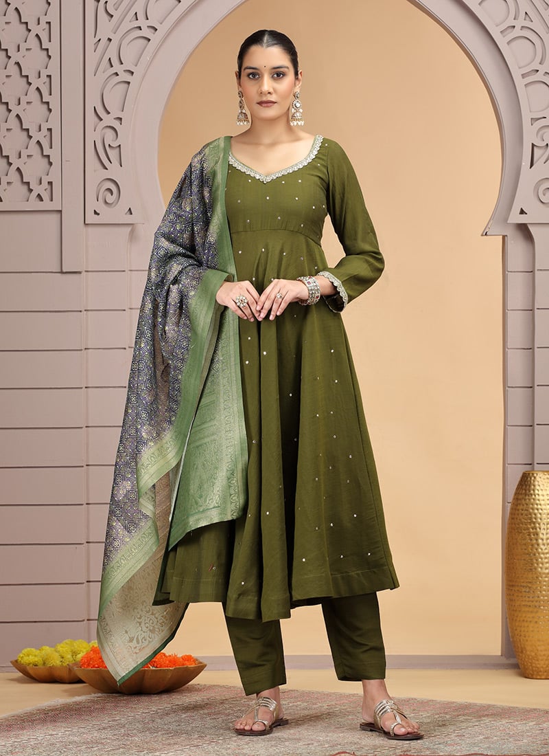 Mehendi Green Chiffon Sequins Beads Straight Pant Suit Festive Wear