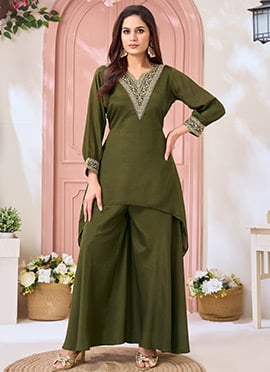 Mehendi Green Chinon Embroidered Sequins Co Ord Set