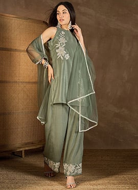 Mehendi Green Chinon Floral Embroidered Palazzo Suit
