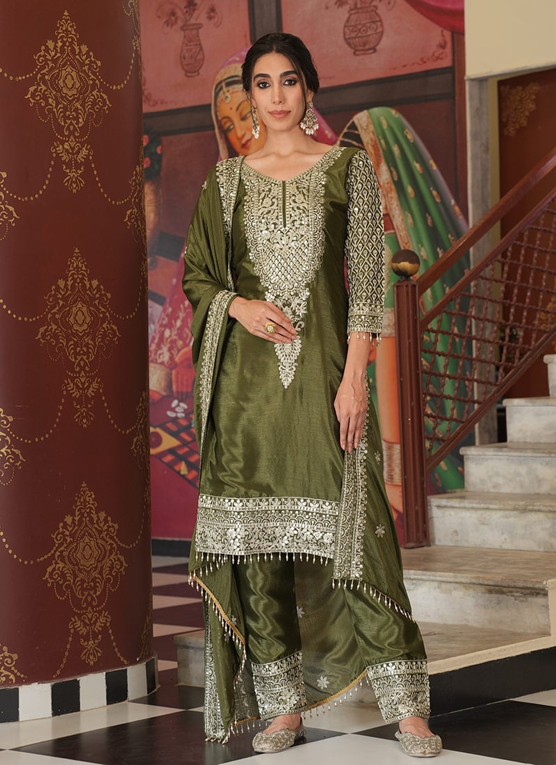 Mehendi Green Chinon Silk Embroidered Sequins Straight Pant Suit Festive Wear