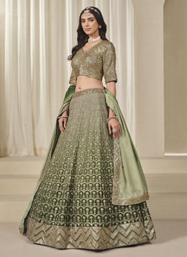 Mehendi Green Chinon Silk Zari Embroidered Sequins Lehenga