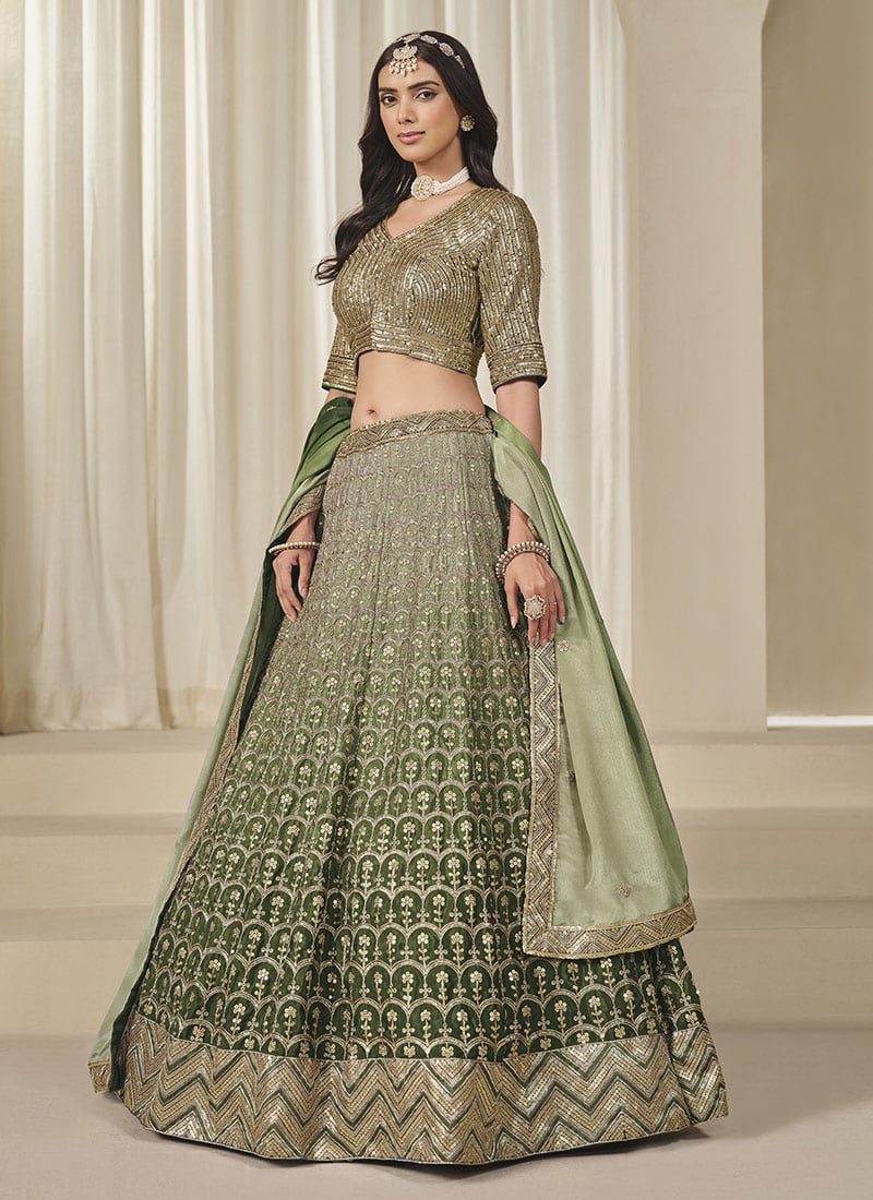 Mehendi Green Chinon Silk Zari Embroidered Sequins Lehenga Wedding Wear-GHSDC1081