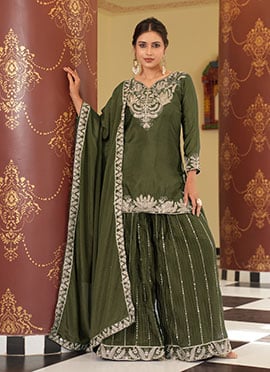 Mehendi Green Chinon Silk Zari Embroidered Sequins Palazzo Suit
