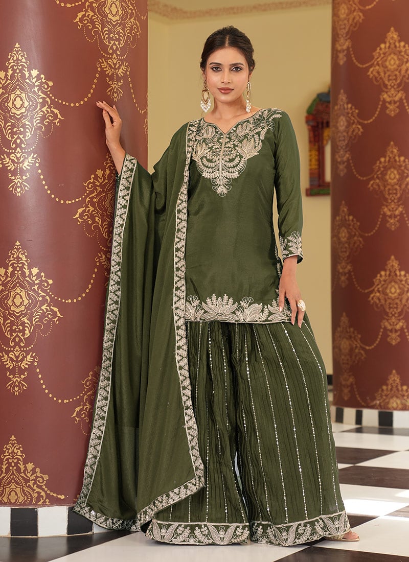 Mehendi Green Chinon Silk Zari Embroidered Sequins Palazzo Suit Festive Wear