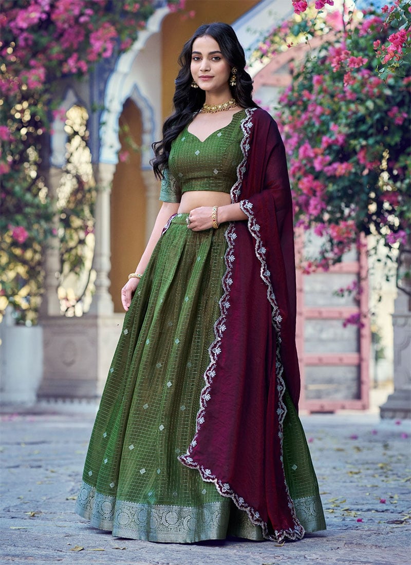 Mehendi Green Chinon Zari Lehenga Choli Festive Wear