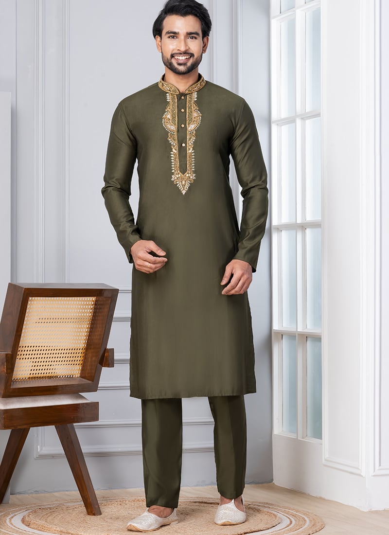 Mehendi Green Cotton Beads Work Kurta Pyjama