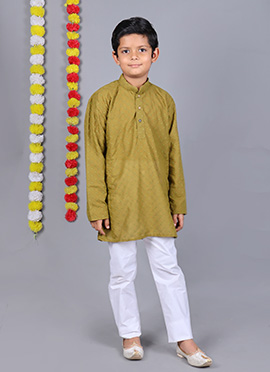 Mehendi Green Cotton Embroidered Kids Boys Kurta Pyjama