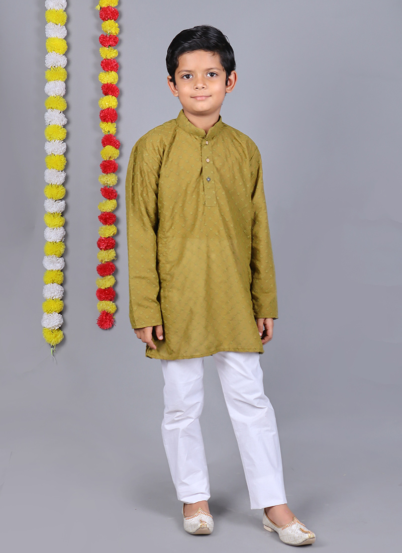 Mehendi Green Cotton Embroidered Kids Boys Kurta Pyjama Festive Wear