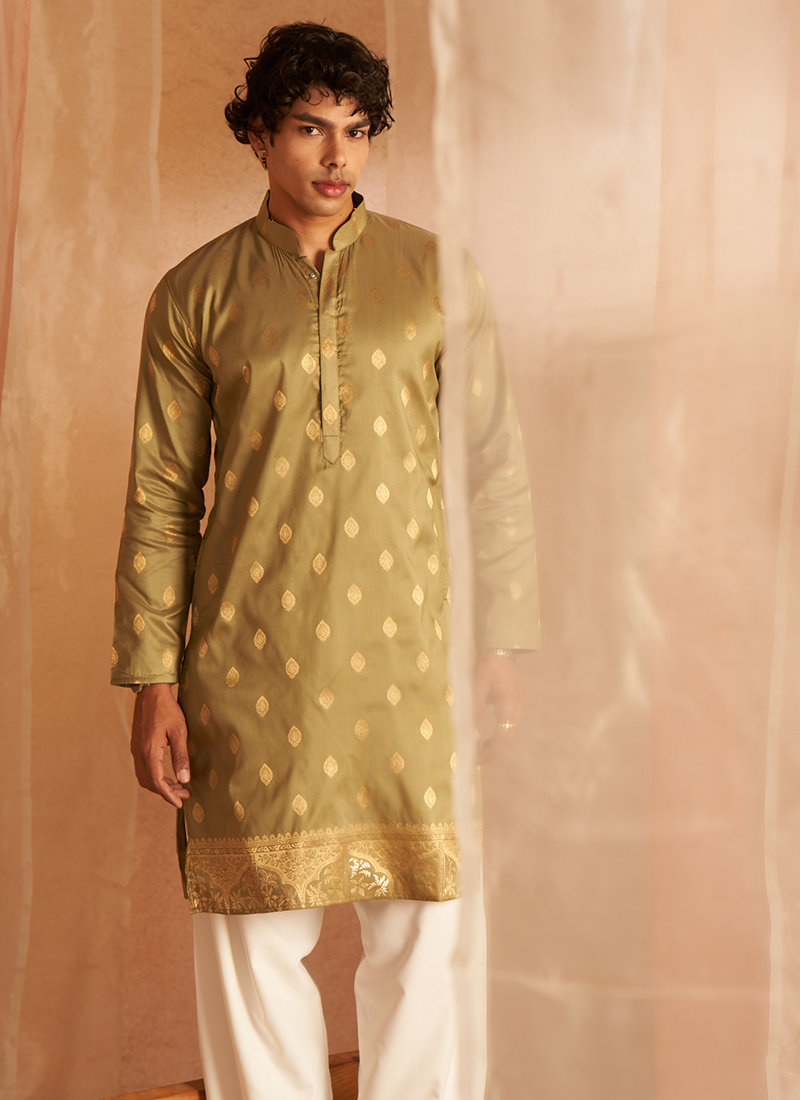 Mehendi Green Cotton Embroidered Woven Kurta