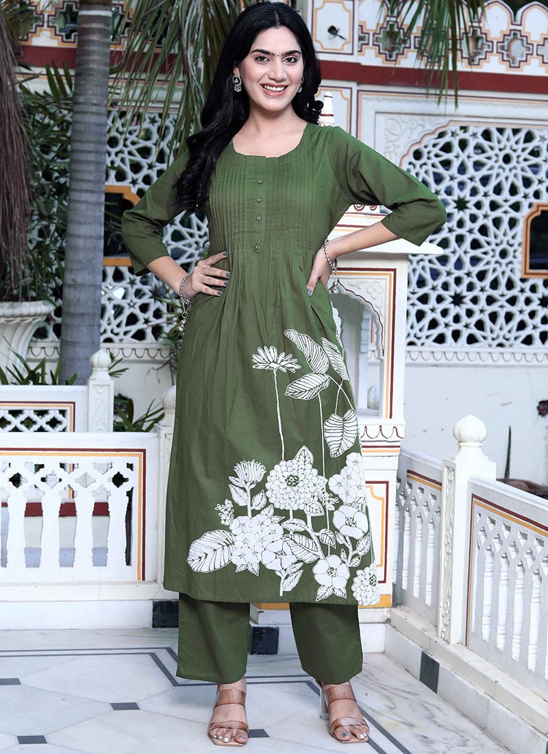 Mehendi Green Cotton Floral Print Kurta Straight Pant Set