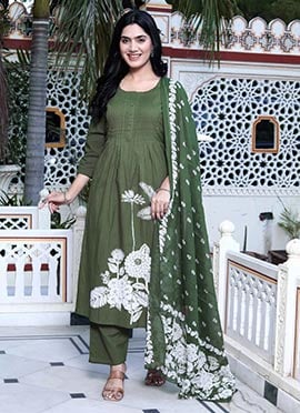 Mehendi Green Cotton Floral Print Straight Pant Suit