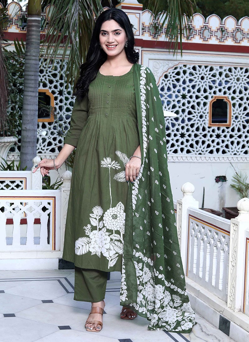 Mehendi Green Cotton Floral Print Straight Pant Suit After Six Wear