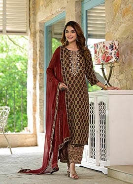 Mehendi Green Cotton Printed Embroidered Straight Pant Suit