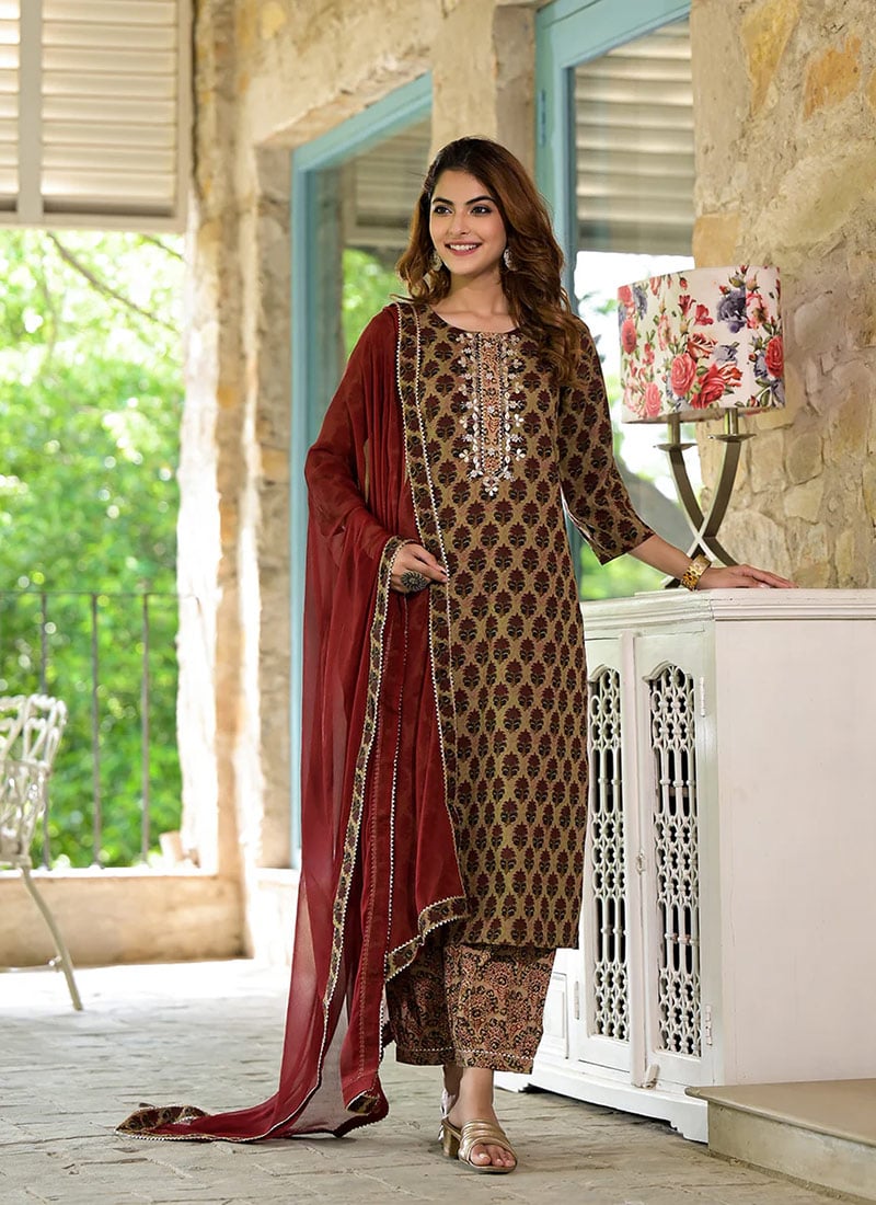 Mehendi Green Cotton Printed Embroidered Straight Pant Suit