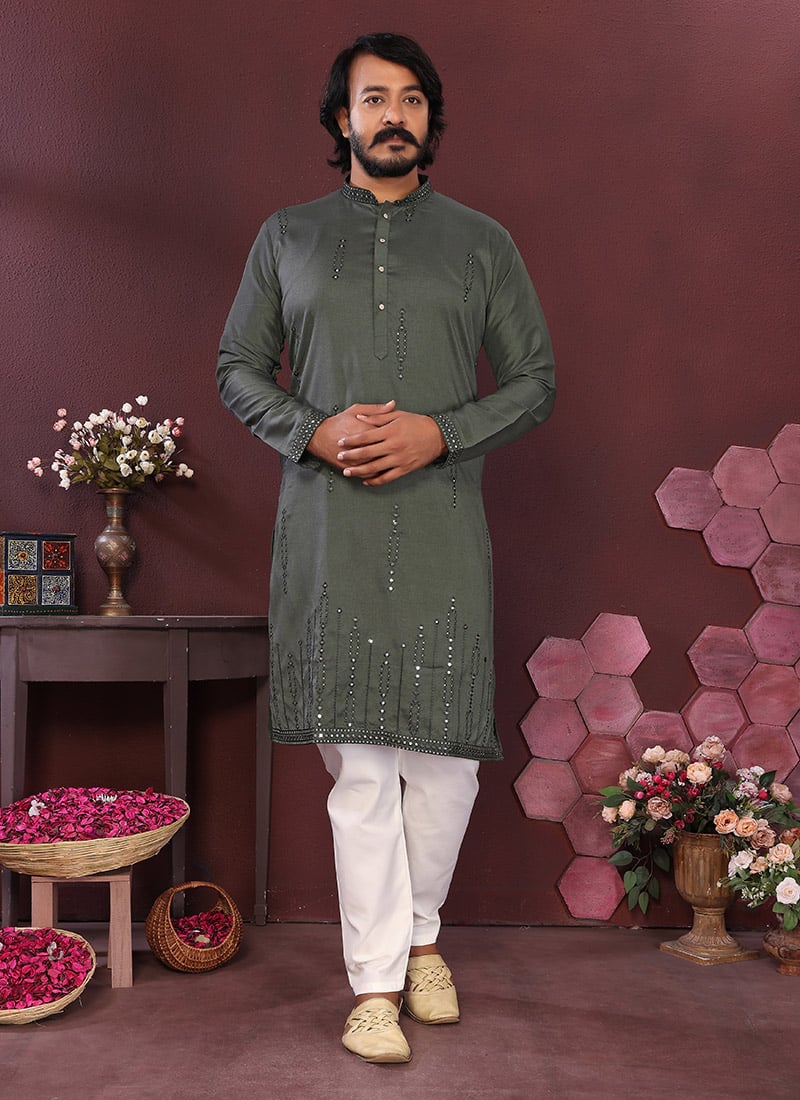Mehendi Green Cotton Silk Embroidered Sequins Kurta Pyjama Set Festive Wear