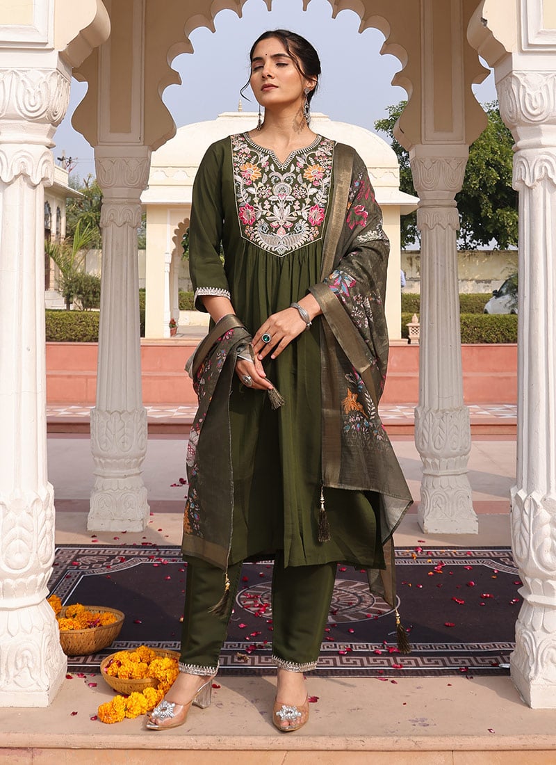 Mehendi Green Cotton Silk Hand Work Sequins Straight Pant Suit With Digital Print Dupatta