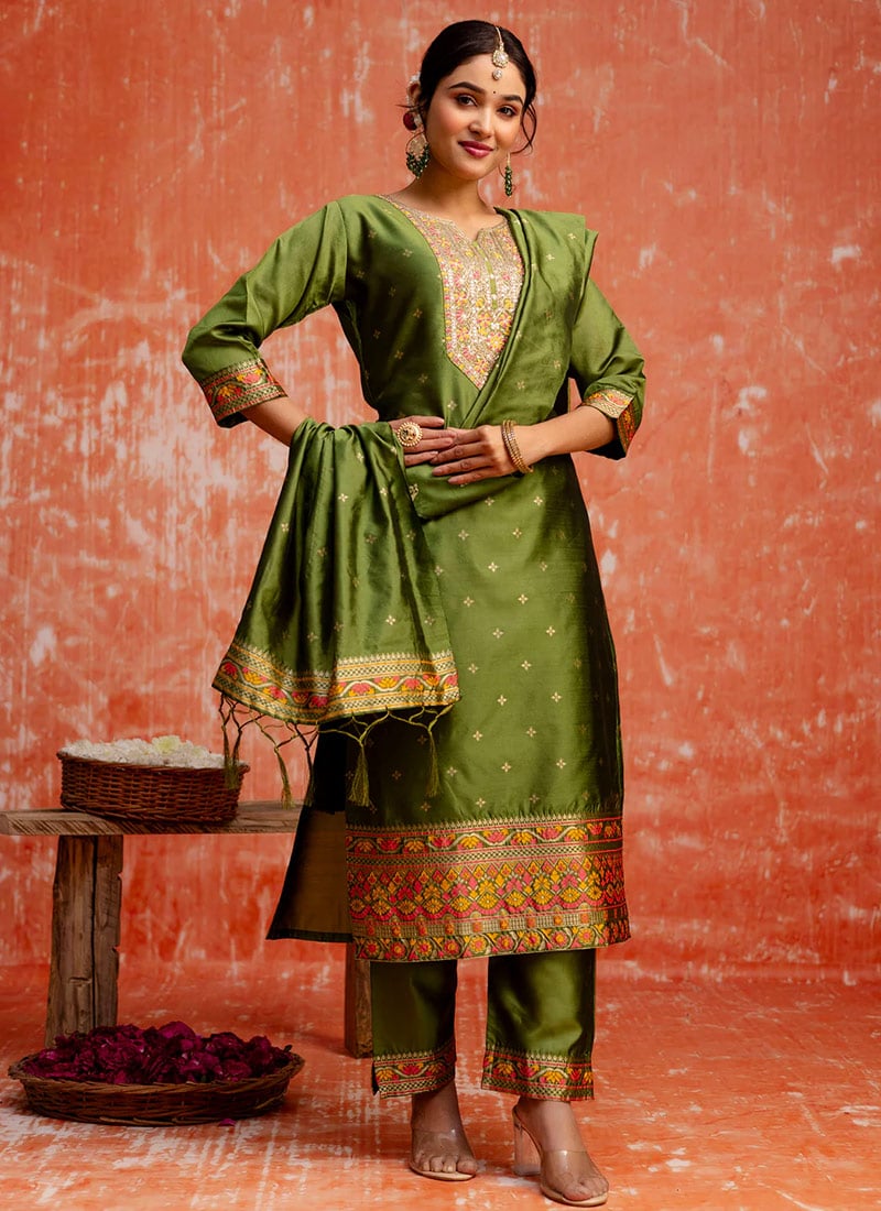 Mehendi Green Cotton Silk Jacquard Embroidered Straight Pant Suit Festive Wear