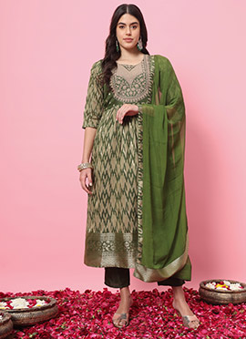 Mehendi Green Cotton Silk Printed Embroidered Straight Pant Suit
