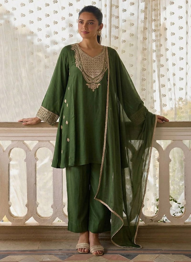 Mehendi Green Cotton Silk Zari Embroidered Sequins A Line Short Kurti Straight Pant Suit Festive Wear