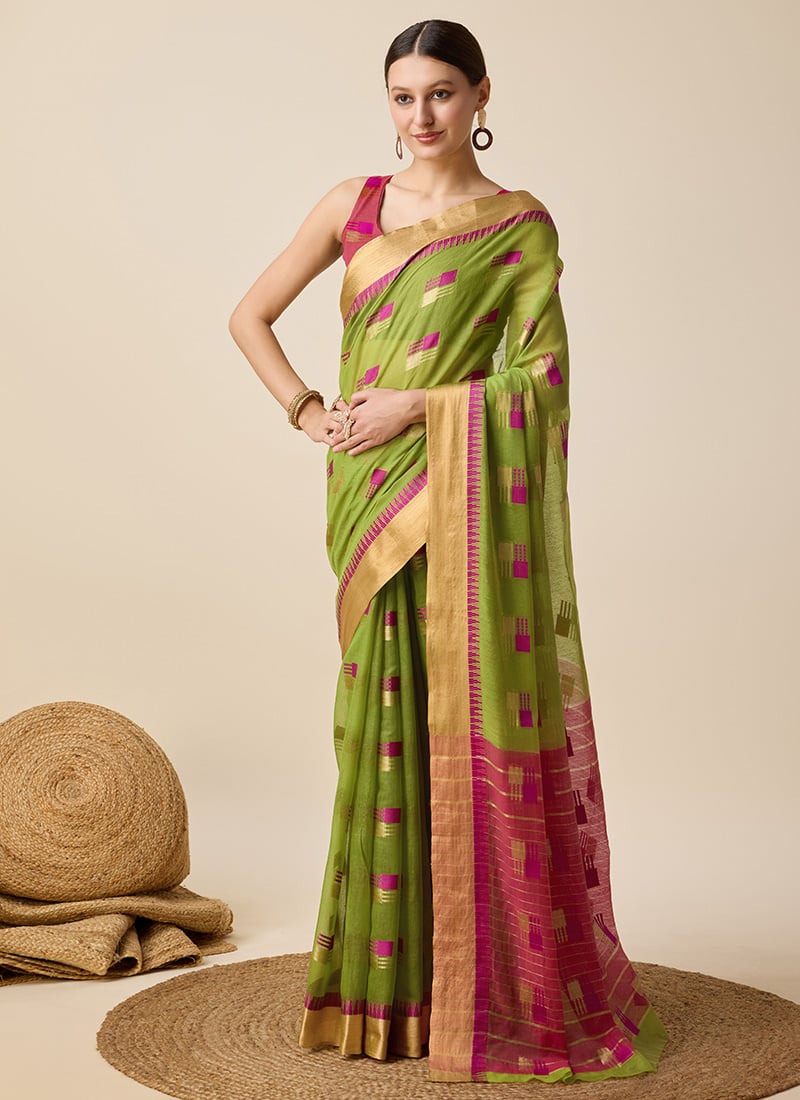 Mehendi Green Cotton Silk Zari Woven Simple Casual Saree With Blouse After Six Wear