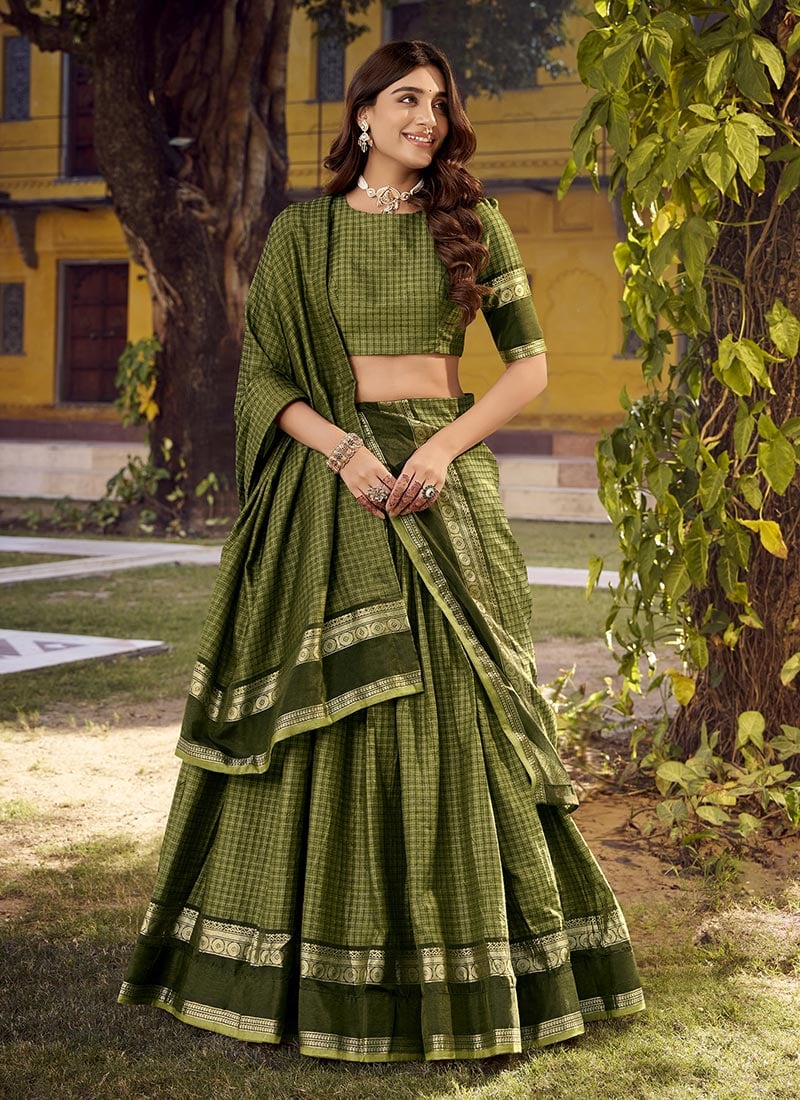 Mehendi Green Cotton Zari Work Lehenga Festive Wear