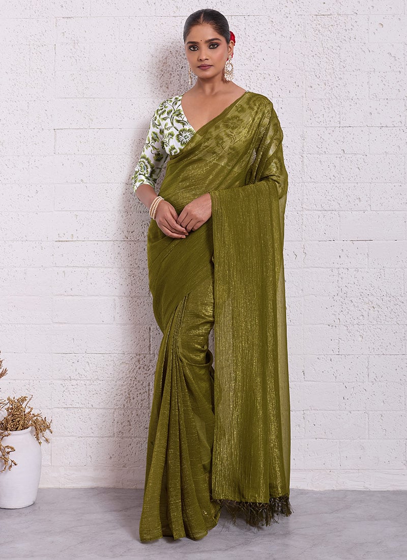 Mehendi Green Crunchy Silk Digital Print Saree After Six Wear