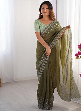Mehendi Green Crunchy Silk Embroidered Saree
