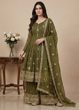 Mehendi Green Crunchy Silk Embroidered Sequins Anarkali Suit