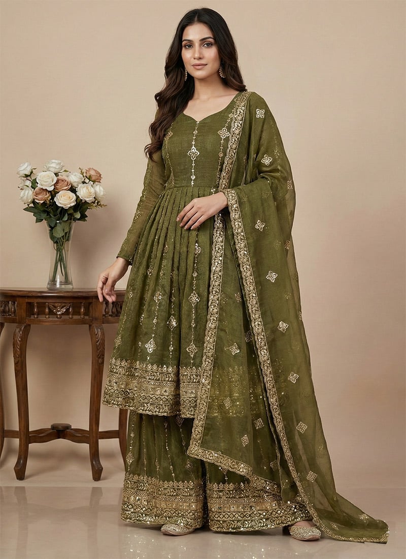 Mehendi Green Crunchy Silk Embroidered Sequins Anarkali Suit Festive Wear