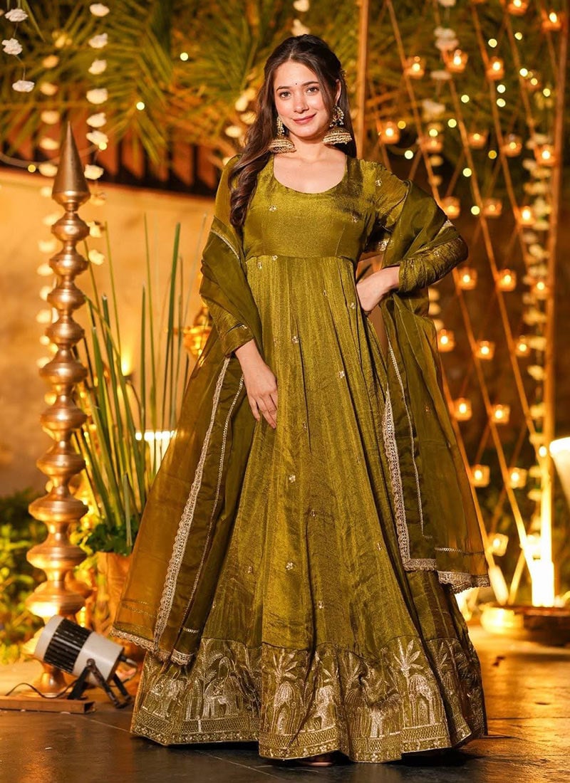 Mehendi Green Crunchy Silk Embroidered Sequins Anarkali Suit Festive Wear
