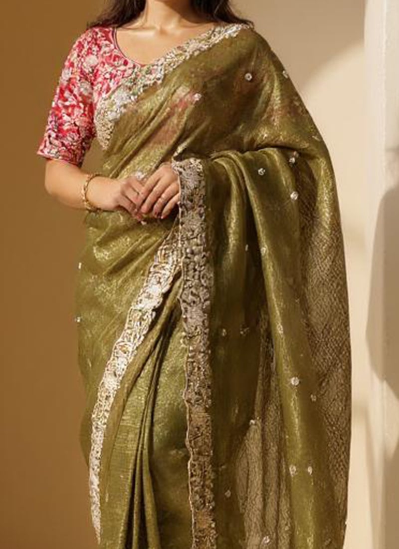 Mehendi Green Jacquard Tissue Embroidered Saree With Heavy Embroidery main image 1