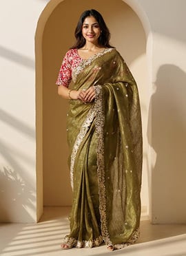 Mehendi Green Crush Silk  Embroidered Sequins Saree