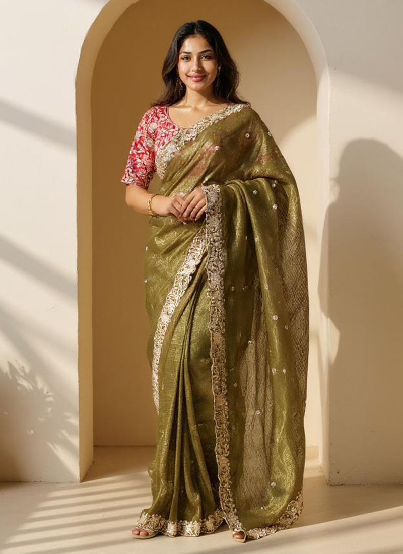 Mehendi Green Crush Silk  Embroidered Sequins Saree Festive Wear